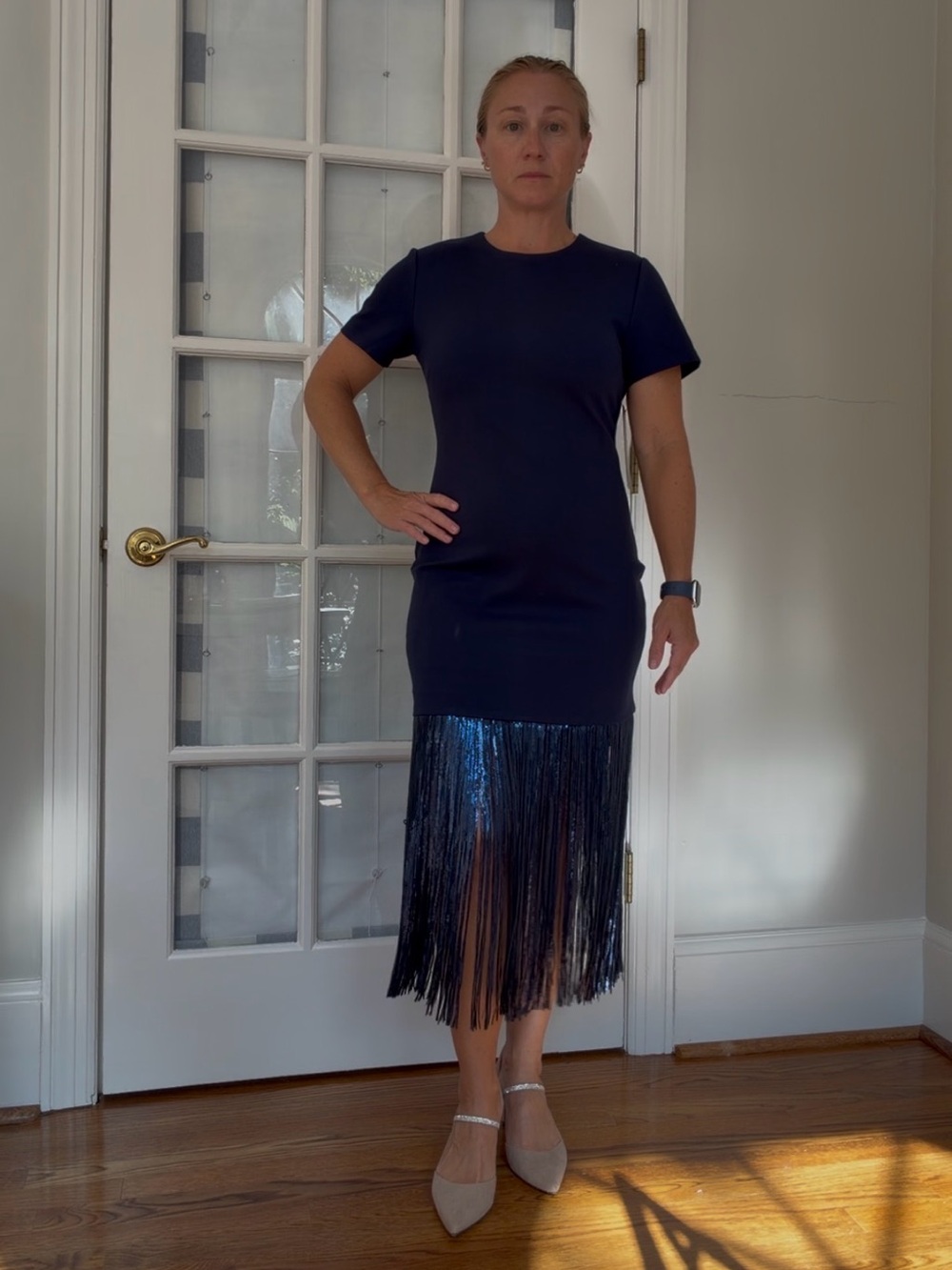 Hyacinth House Navy Sequin Fringe midi dress NWT